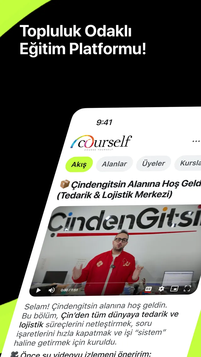 Uygulamanın akış sekmesi: Çinden Gitsin alanının karşılama videosu ve tanıtım metni