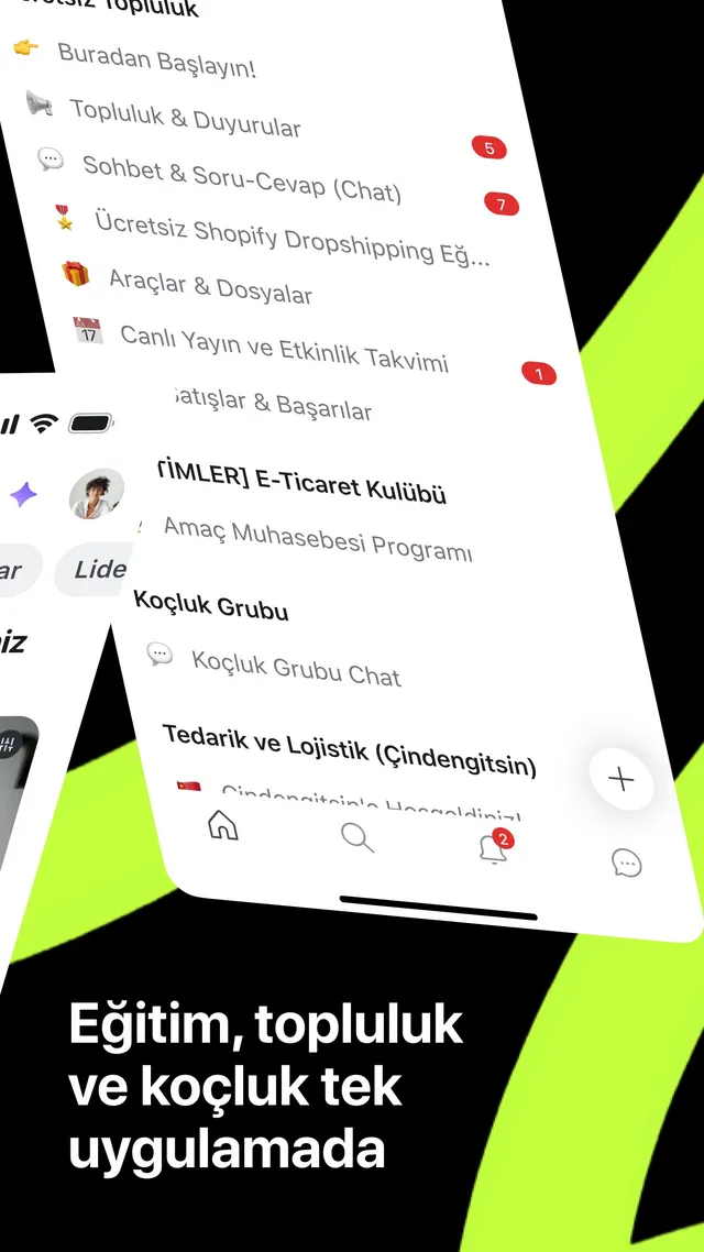 Topluluk alanları listesi: Buradan Başlayın, Sohbet & Soru-Cevap, Araçlar & Dosyalar, Canlı Yayın ve Etkinlik Takvimi