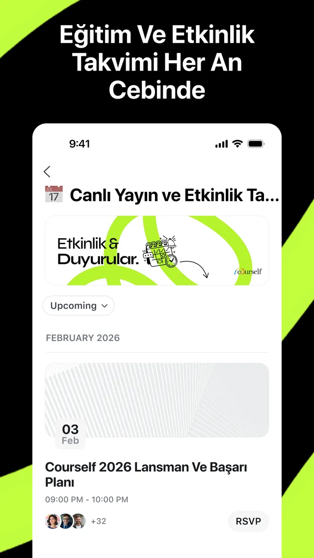 Canlı Yayın ve Etkinlik Takvimi alanı: yaklaşan bir etkinlik kaydı ve katılım butonu