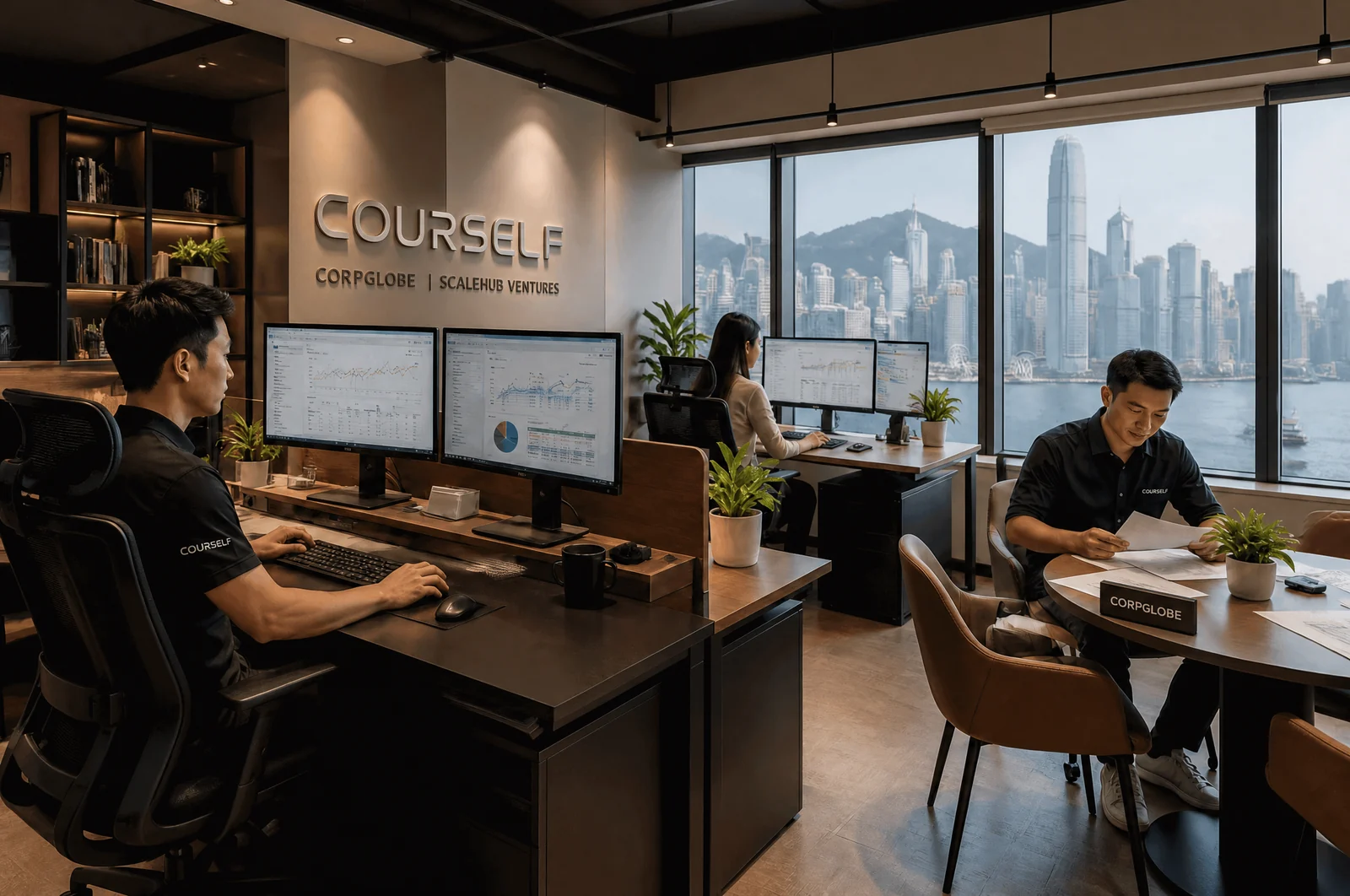 Hong Kong ofisimizde çalışan ekip; duvarda Courself, Corpglobe ve ScaleHub Ventures markaları
