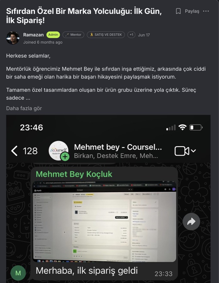 Circle topluluğunda bir üyenin ilk siparişini paylaştığı gönderi ve altındaki tebrik yorumları